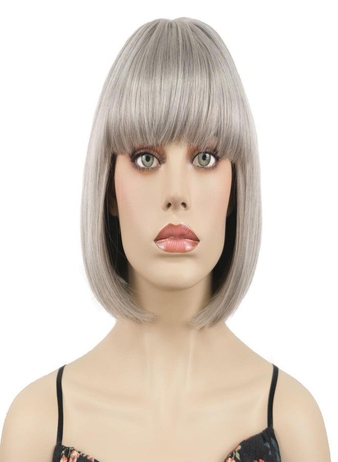 Aimole Short Straight Bob Wig Cute Flat Bangs Synthetic Women Wigs (51 Silver Grey) - Image 1
